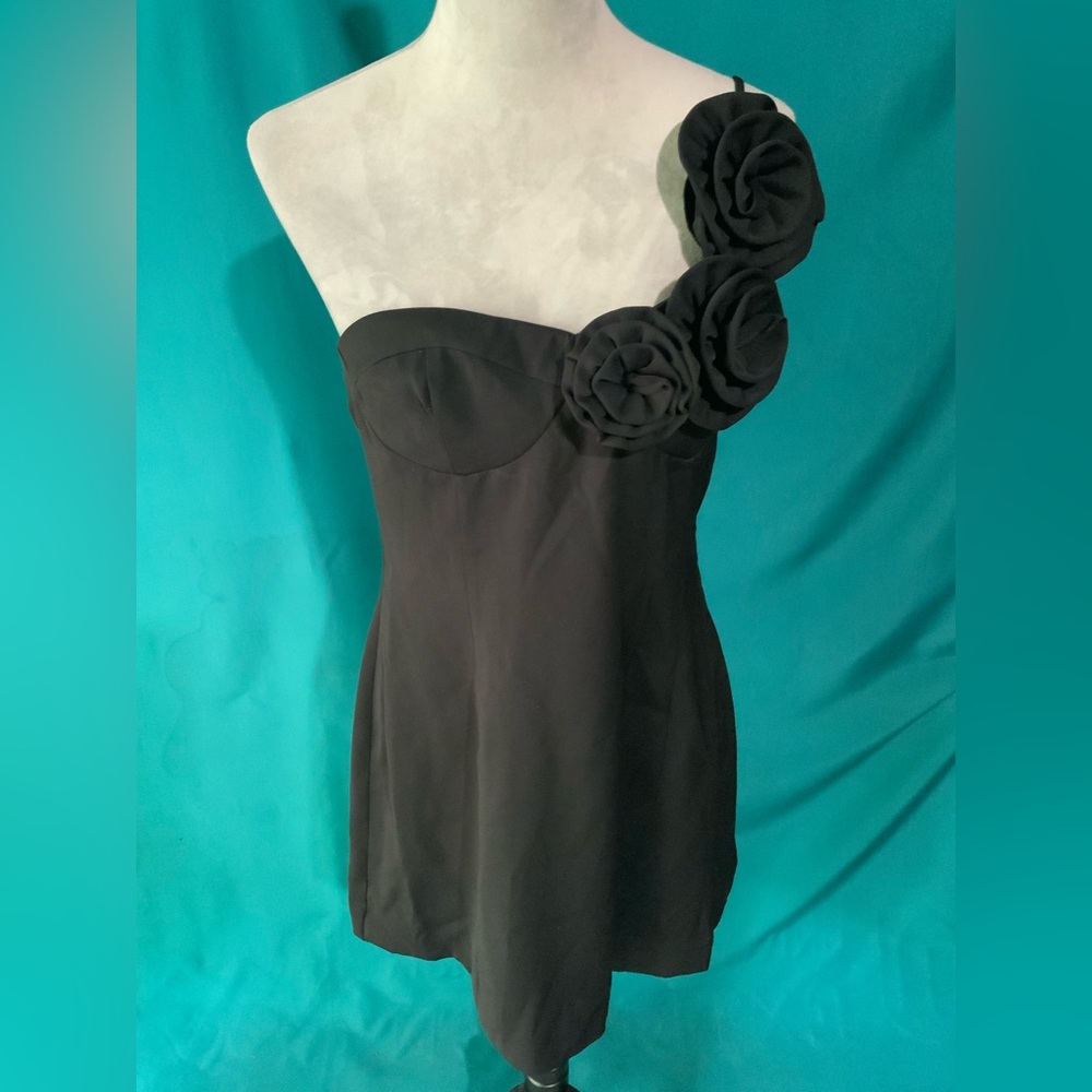 Peppermayo Black One-Shoulder Floral Appliqué Dress